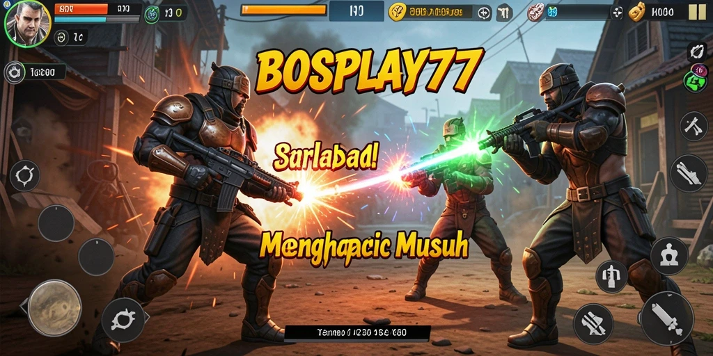 Tampilan aksi seru dalam BOSPLAY77 saat bertarung melawan musuh.