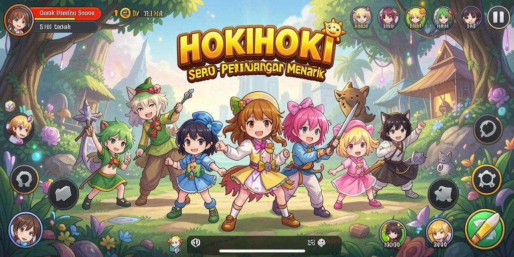Screenshot utama HOKIHOKI yang menampilkan aksi karakter Anime penuh warna.